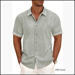 Men's Linen Blend Short Sleeve Button Down Shirt Regular Fit Summer Casual